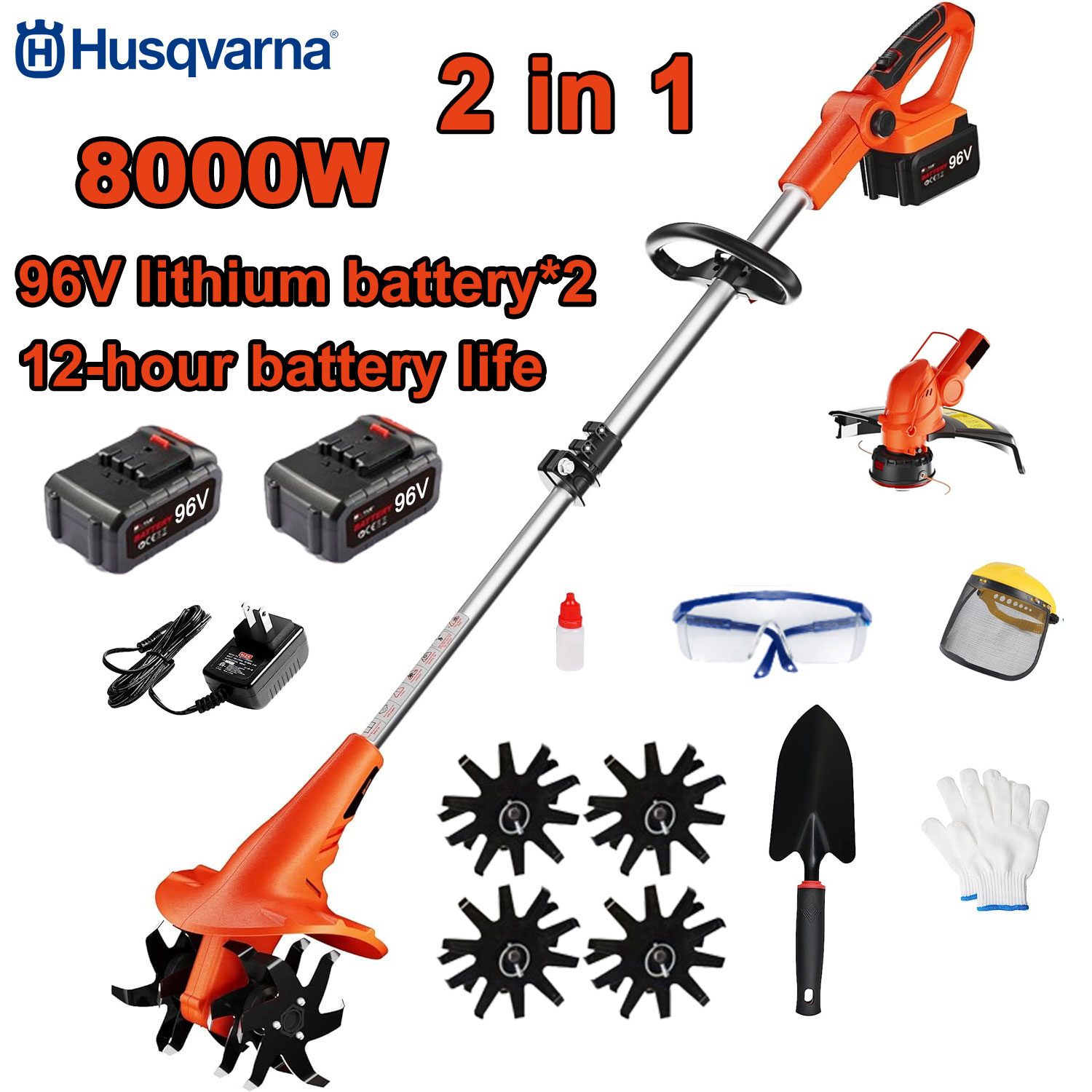 2 az 1-ben 8000 W-os elektromos kultivátor + 1 vágófej + 2 db 96 V-os akkumulátor + gyorstöltés + művelőkés + teljes készlet tartozékok